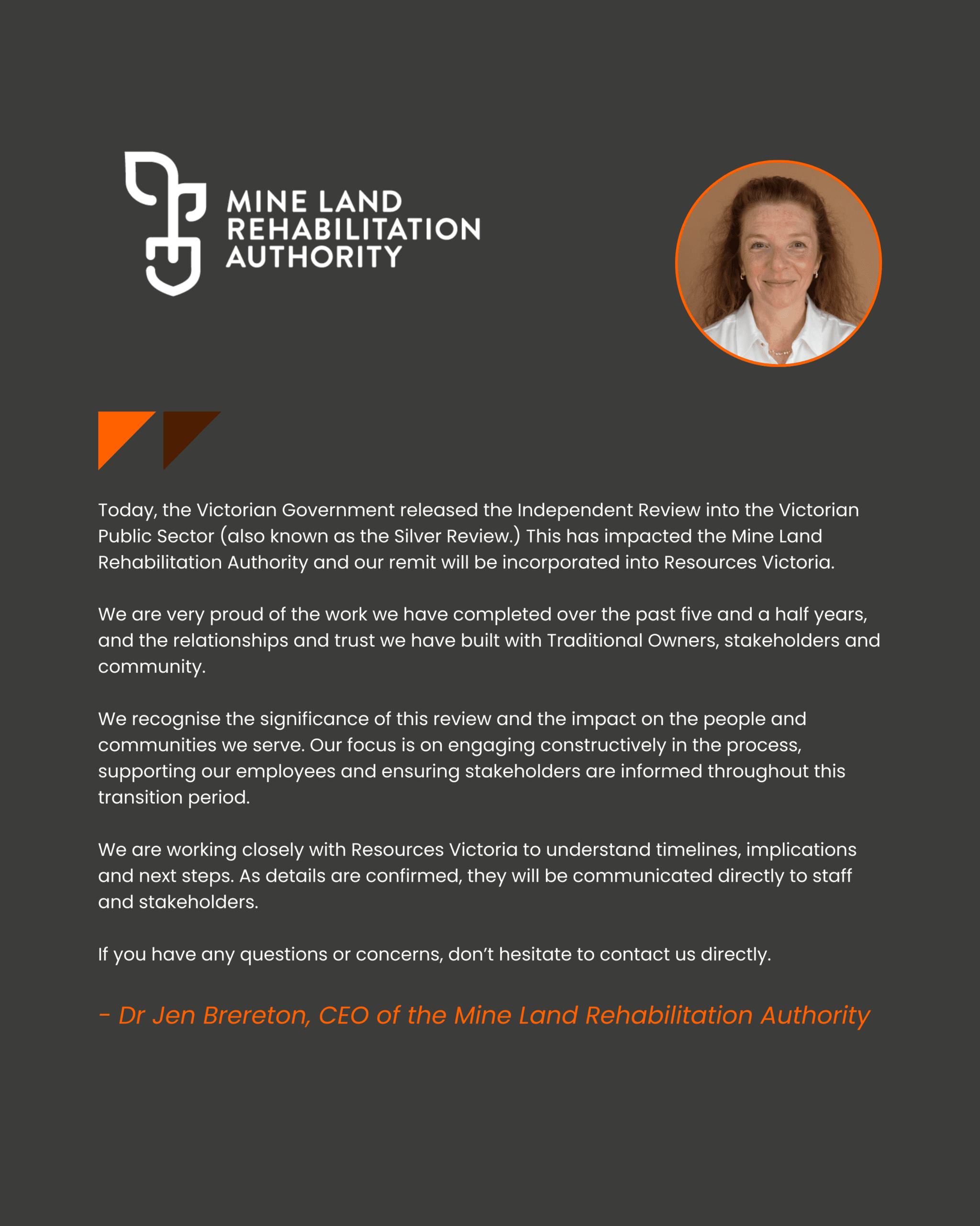 Important announcement from Dr Jen Brereton, CEO of the Mine Land Rehabilitation Authority